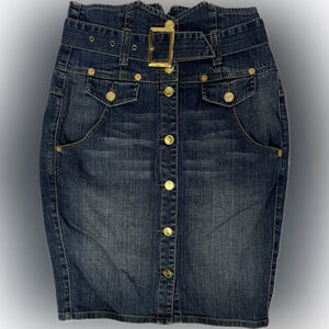 Y2K Ultra High Rise Denim Button Front Pencil Skirt Belted Gold Hardware Size 9